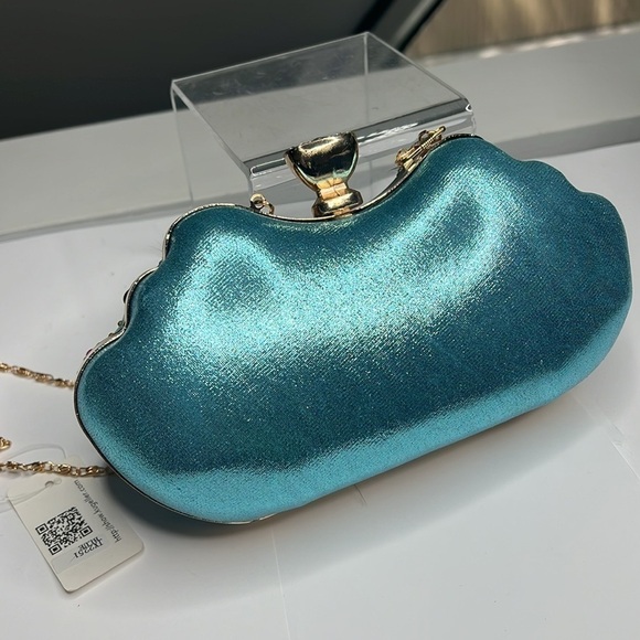Damara Hardshell Evening Teal Metallic Geometric Clutch Shoulder Bag - New - Picture 5 of 12